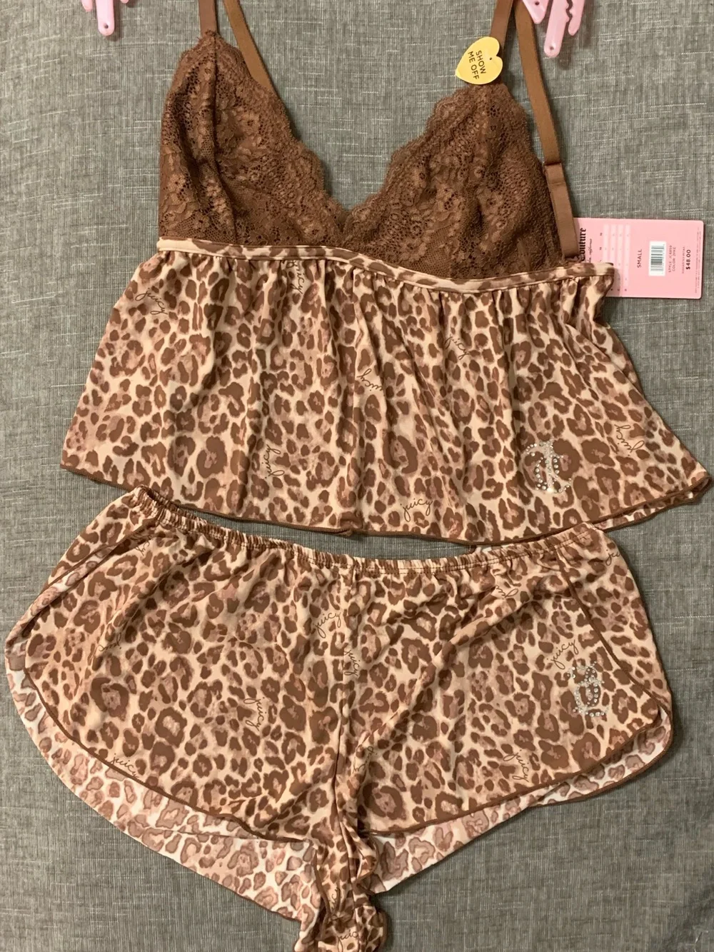 Juicy Couture Lace Trim Cami & Short Pajama Set - Brown